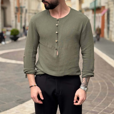 Maglia camicia verde serafino con bottoni in legno - FLAG STORE
